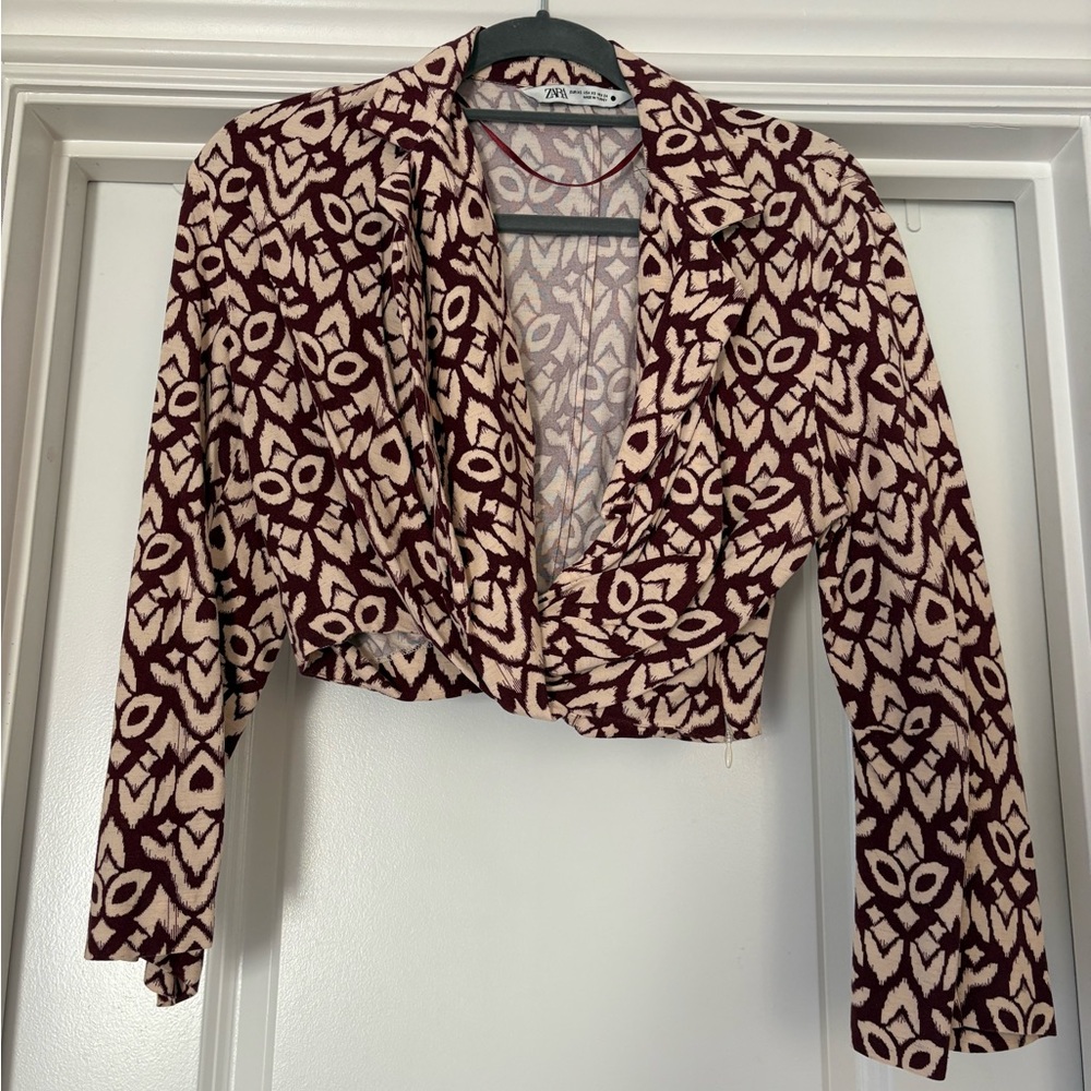 Zara Maroon and Beige Patterned Wrap Top